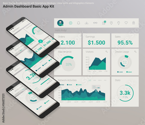 Flat design responsive Admin Dashboard UI mobile app with 3d mockups