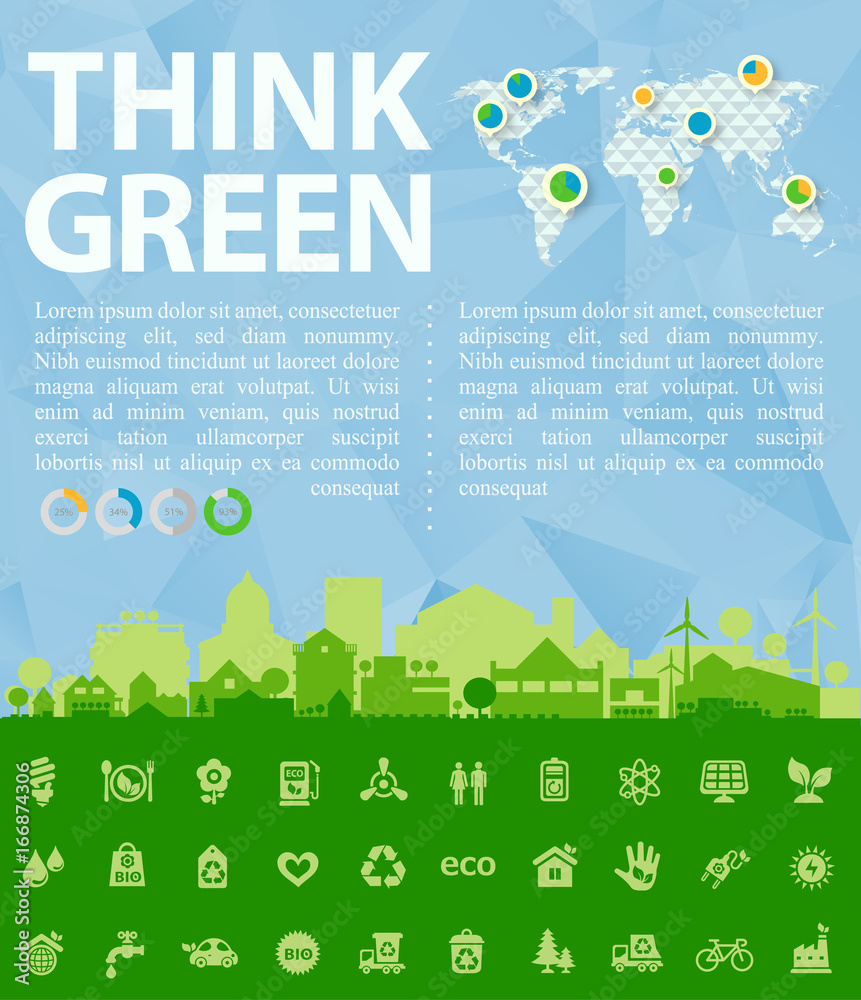 Think Green Vector illustration with small town and infographics Think Green Vector illustration with small town and infographics