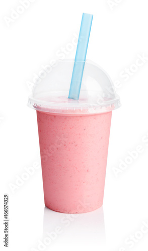 Pink smoothie in plastic transparent cup