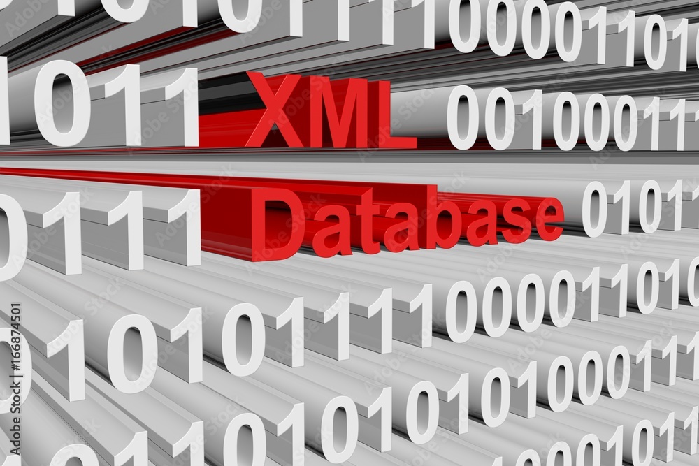 XML database in form of binary code, 3D illustration