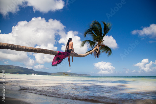 Rückenansicht einer Frau, die auf einer Palme sitzt photo