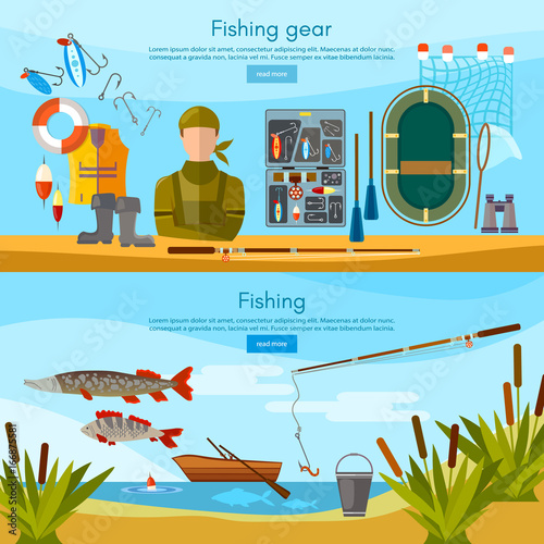 Summer fishing banner, professional fisher elements vector template