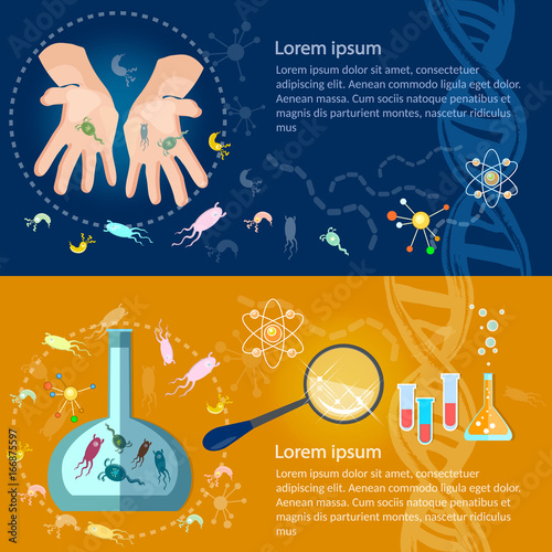 Microbiology banners, virology hygiene medical research microorganisms, viruses and infections vector. Delivery of medical analyses