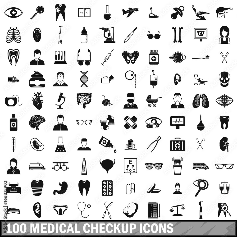 100 medical checkup icons set, simple style 100 medical checkup icons set, simple style