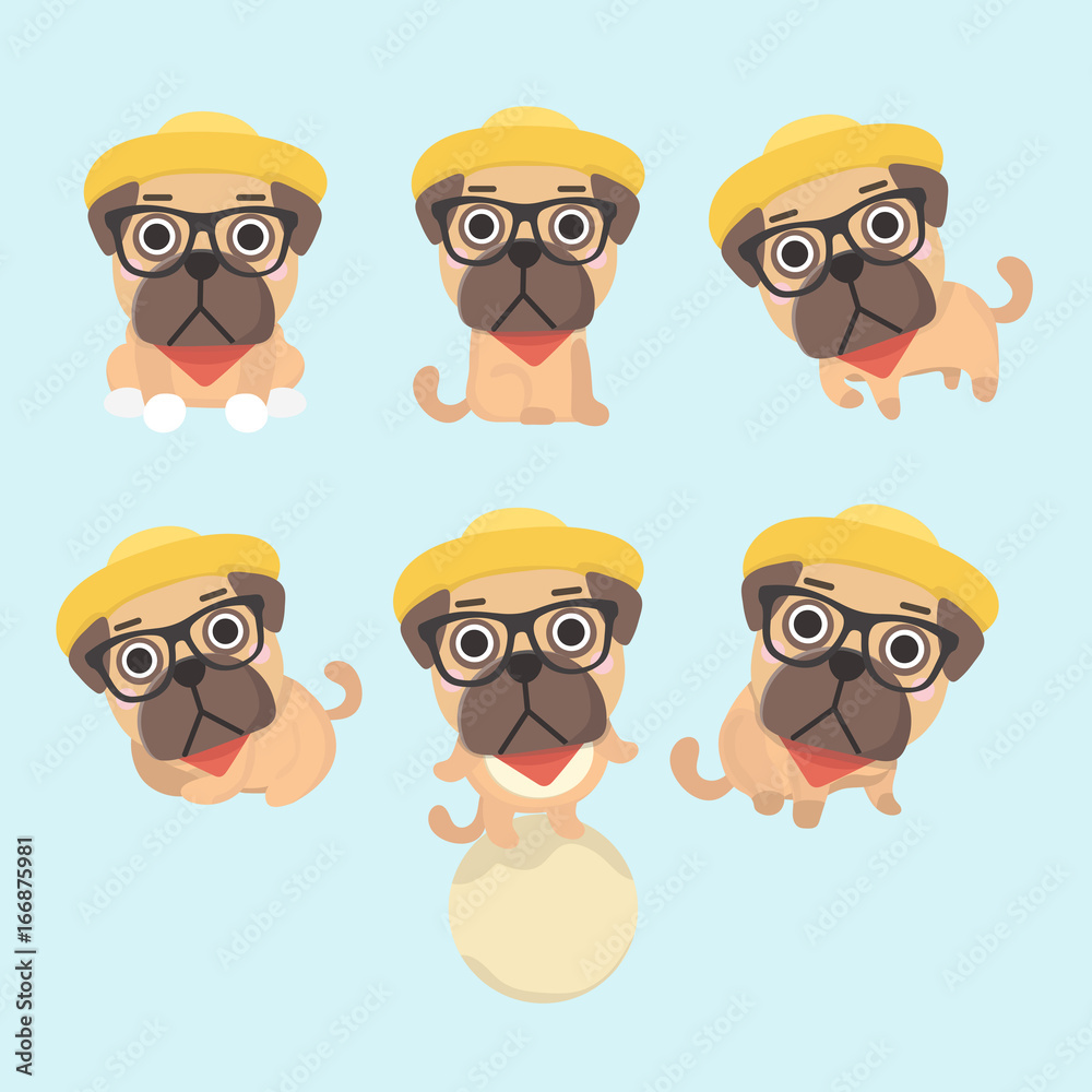 Set of the Funny cartoon pugs puppies. Vector illustration.
Set of the Funny cartoon pugs puppies. Vector illustration.