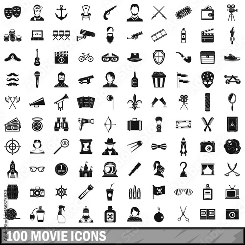 100 movie icons set, simple style  photo
