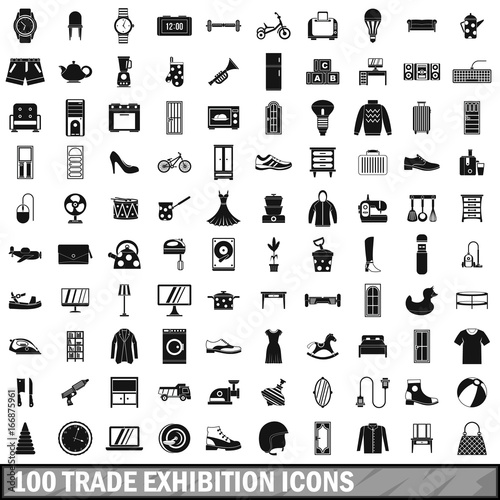 100 trade exhibition icons set, simple style 