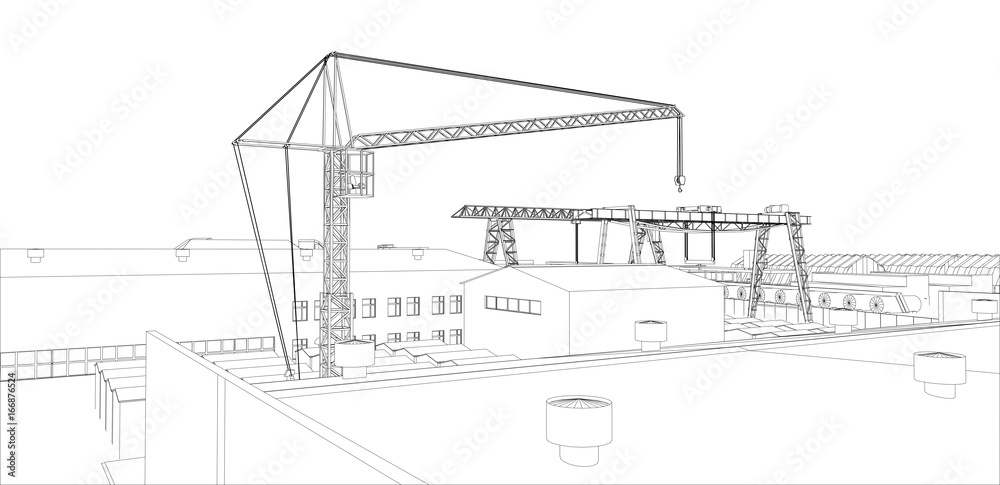 Industrial zone with buildings and cranes