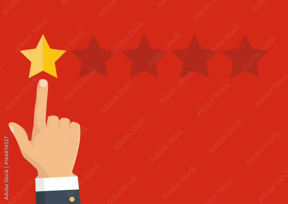 Rating golden stars. Feedback, reputation and quality concept. Hand pointing, finger pointing to five star rating. Customer review concept. Vector Rating golden stars. Feedback, reputation and quality concept. Hand pointing, finger pointing to five star rating. Customer review concept. Vector