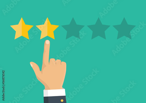 Rating golden stars. Feedback, reputation and quality concept. Hand pointing, finger pointing to five star rating. Customer review concept. Vector