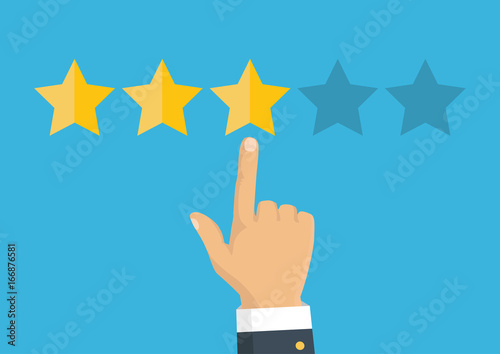 Rating golden stars. Feedback, reputation and quality concept. Hand pointing, finger pointing to five star rating. Customer review concept. Vector