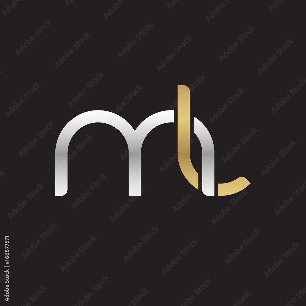 Fototapeta premium Initial lowercase letter ml, linked overlapping circle chain shape logo, silver gold colors on black background