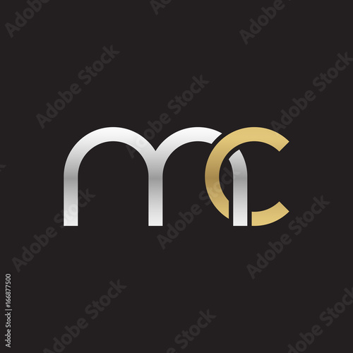 Initial lowercase letter mc, linked overlapping circle chain shape logo, silver gold colors on black background