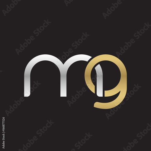 Initial lowercase letter mg, linked overlapping circle chain shape logo, silver gold colors on black background
