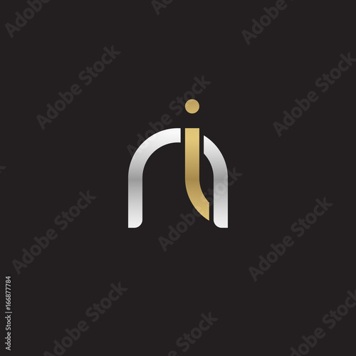 Initial lowercase letter ni, linked overlapping circle chain shape logo, silver gold colors on black background