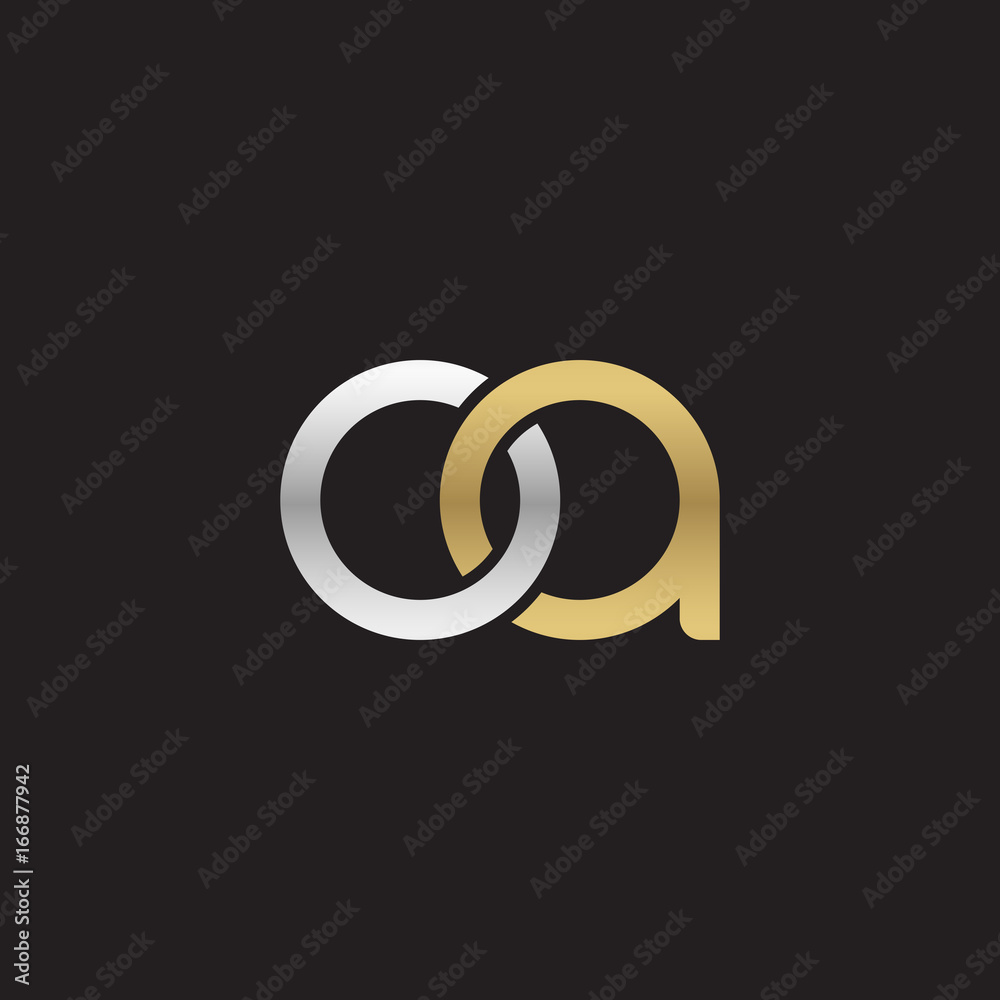 Initial lowercase letter oa, linked overlapping circle chain shape logo, silver gold colors on black background
Initial lowercase letter oa, linked overlapping circle chain shape logo, silver gold colors on black background