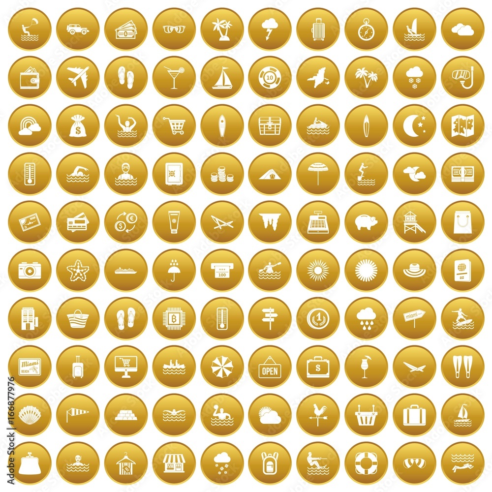 100 seaside resort icons set gold 100 seaside resort icons set gold