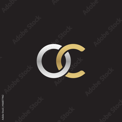 Initial lowercase letter oc, linked overlapping circle chain shape logo, silver gold colors on black background 