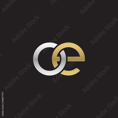 Initial lowercase letter oe, linked overlapping circle chain shape logo, silver gold colors on black background 