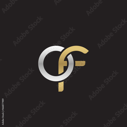 Initial lowercase letter of, linked overlapping circle chain shape logo, silver gold colors on black background 