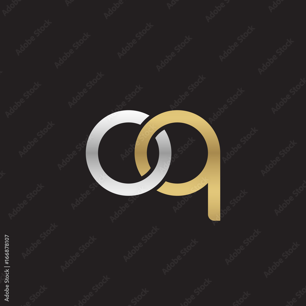 Initial lowercase letter oq, linked overlapping circle chain shape logo, silver gold colors on black background
Initial lowercase letter oq, linked overlapping circle chain shape logo, silver gold colors on black background