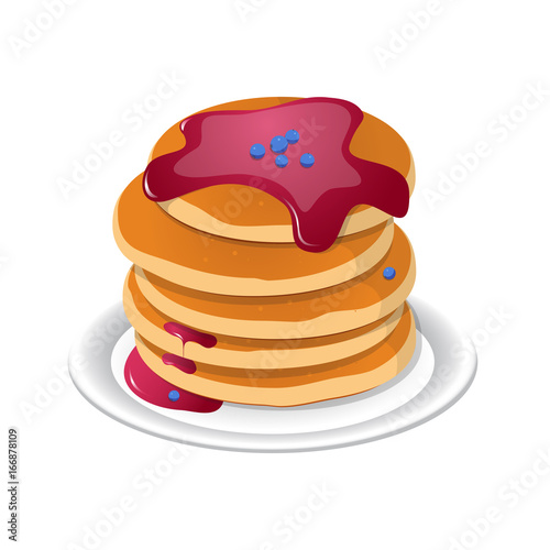 Fresh tasty hot pancakes with sweet maple syrup. Cartoon icon isolated on background. Vintage restaurant sign. Vector illustration, eps10.