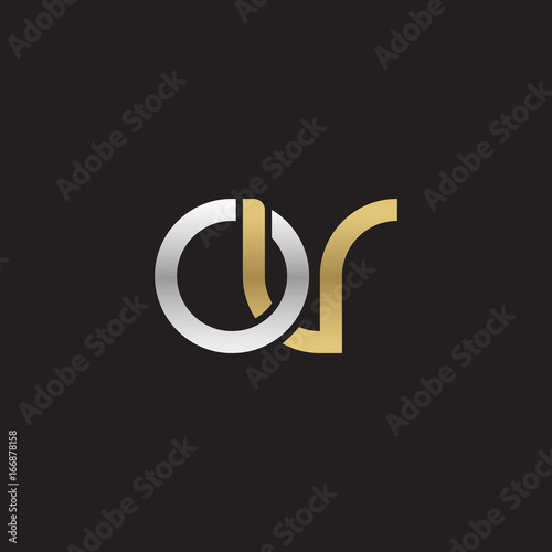 Initial lowercase letter ov, linked overlapping circle chain shape logo, silver gold colors on black background 
