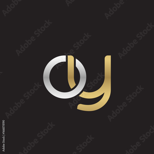 Initial lowercase letter oy, linked overlapping circle chain shape logo, silver gold colors on black background 