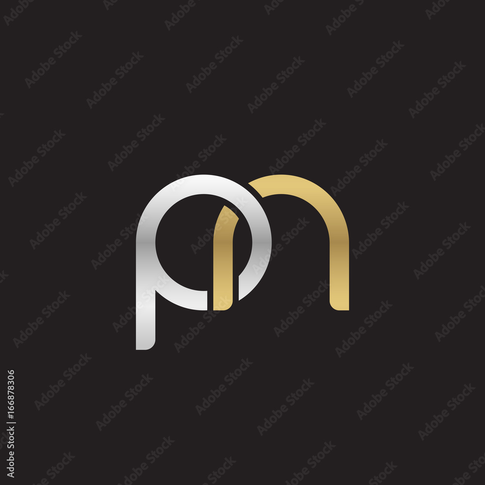 Initial lowercase letter pn, linked overlapping circle chain shape logo, silver gold colors on black background Initial lowercase letter pn, linked overlapping circle chain shape logo, silver gold colors on black background
