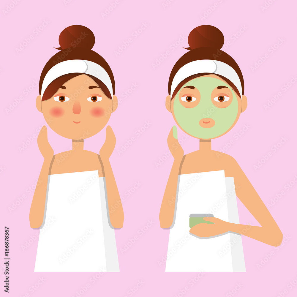 Beautiful girl inflicts a mask of clay or cream on the face. Beauty, body care concept. Vector illustration Beautiful girl inflicts a mask of clay or cream on the face. Beauty, body care concept. Vector illustration
