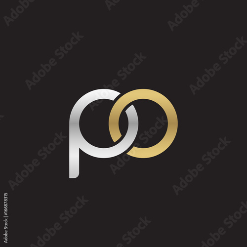 Initial lowercase letter po, linked overlapping circle chain shape logo, silver gold colors on black background