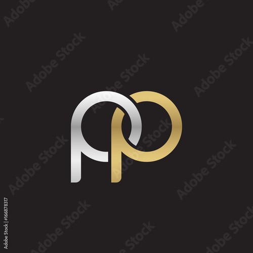 Initial lowercase letter pp, linked overlapping circle chain shape logo, silver gold colors on black background