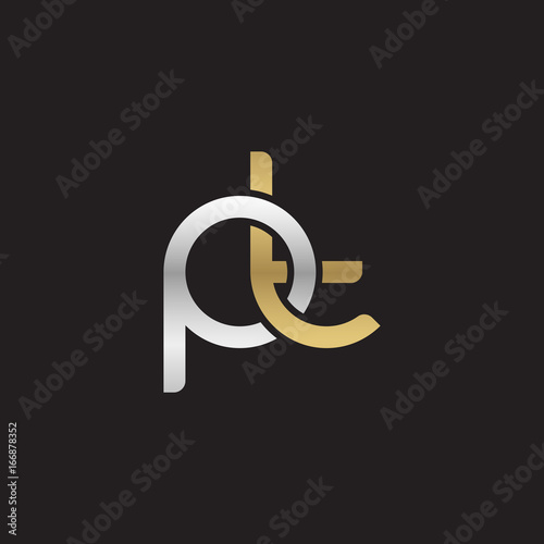 Initial lowercase letter pt, linked overlapping circle chain shape logo, silver gold colors on black background