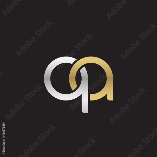 Initial lowercase letter qa, linked overlapping circle chain shape logo, silver gold colors on black background