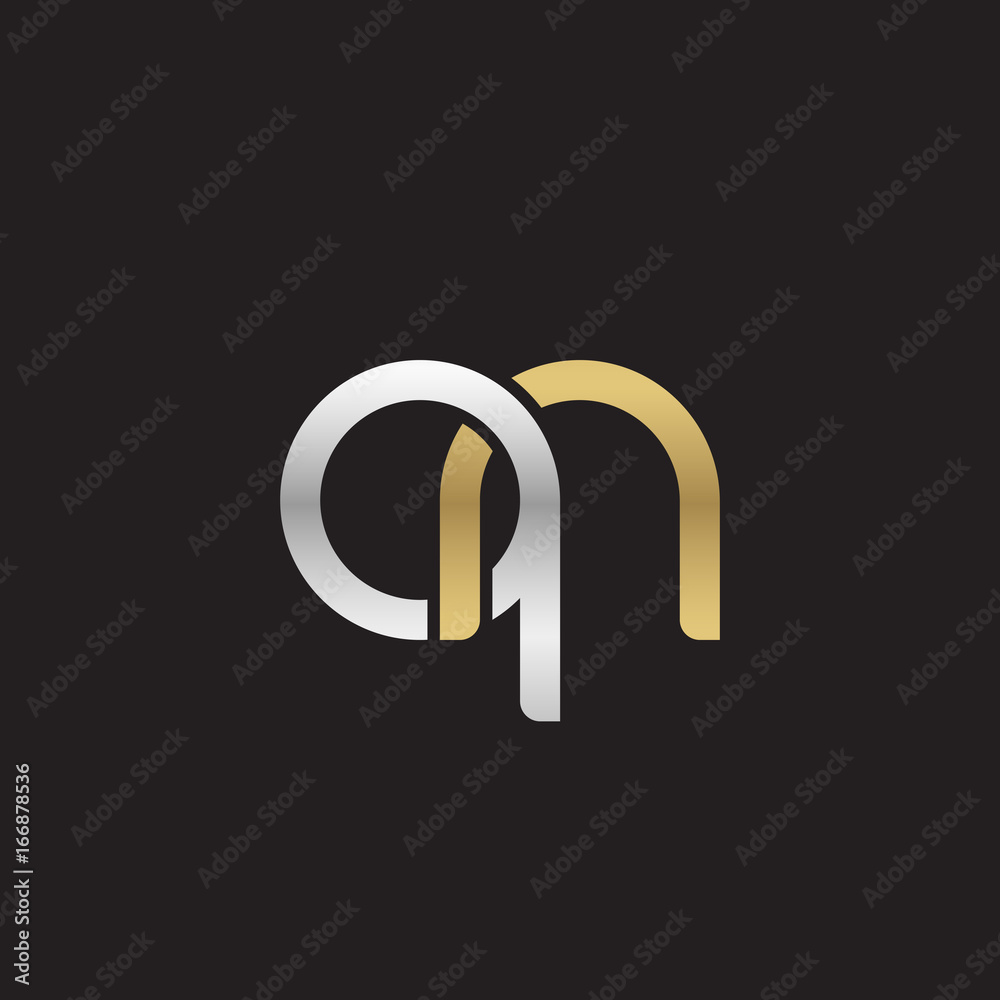 Initial lowercase letter qn, linked overlapping circle chain shape logo, silver gold colors on black background Initial lowercase letter qn, linked overlapping circle chain shape logo, silver gold colors on black background