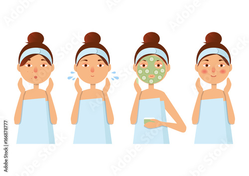 Beautiful girl inflicts a mask of clay or cream on the face. Beauty, body care concept. Vector illustration
