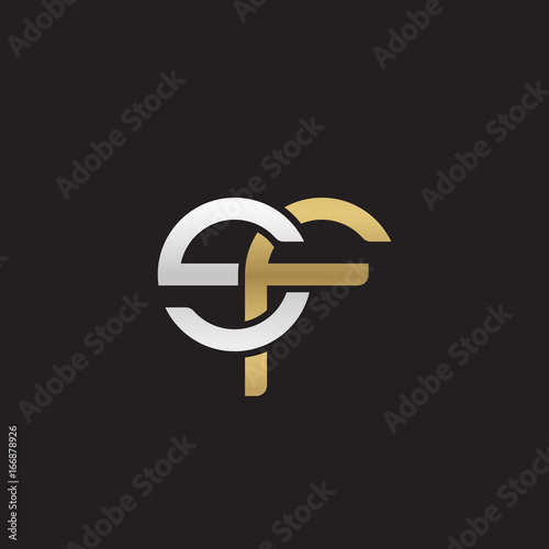 Initial lowercase letter sf, linked overlapping circle chain shape logo, silver gold colors on black background