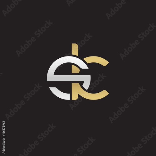 Initial lowercase letter sk, linked overlapping circle chain shape logo, silver gold colors on black background