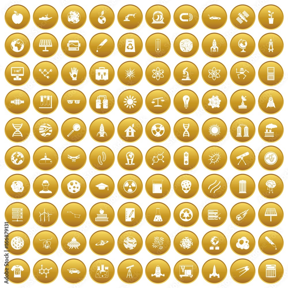 100 space technology icons set gold