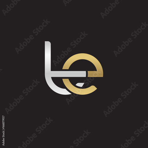 Initial lowercase letter te, linked overlapping circle chain shape logo, silver gold colors on black background