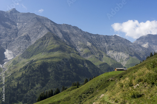 Fototapeta Naklejka Na Ścianę i Meble -  Bergpanorama mit Alphütte