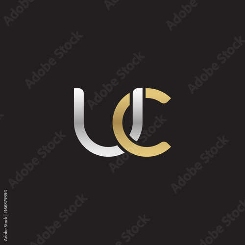 Initial lowercase letter uc, linked overlapping circle chain shape logo, silver gold colors on black background