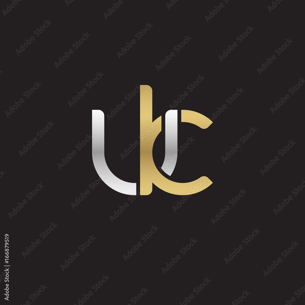 Initial lowercase letter uk, linked overlapping circle chain shape logo, silver gold colors on black background Initial lowercase letter uk, linked overlapping circle chain shape logo, silver gold colors on black background