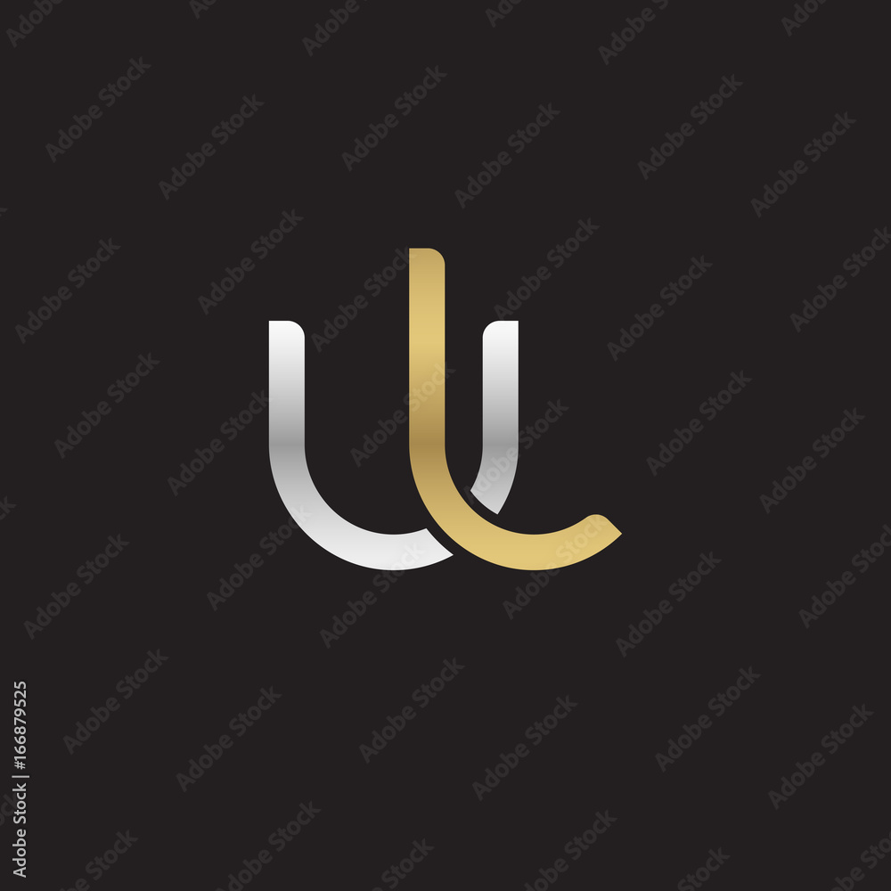 Initial lowercase letter ul, linked overlapping circle chain shape logo, silver gold colors on black background