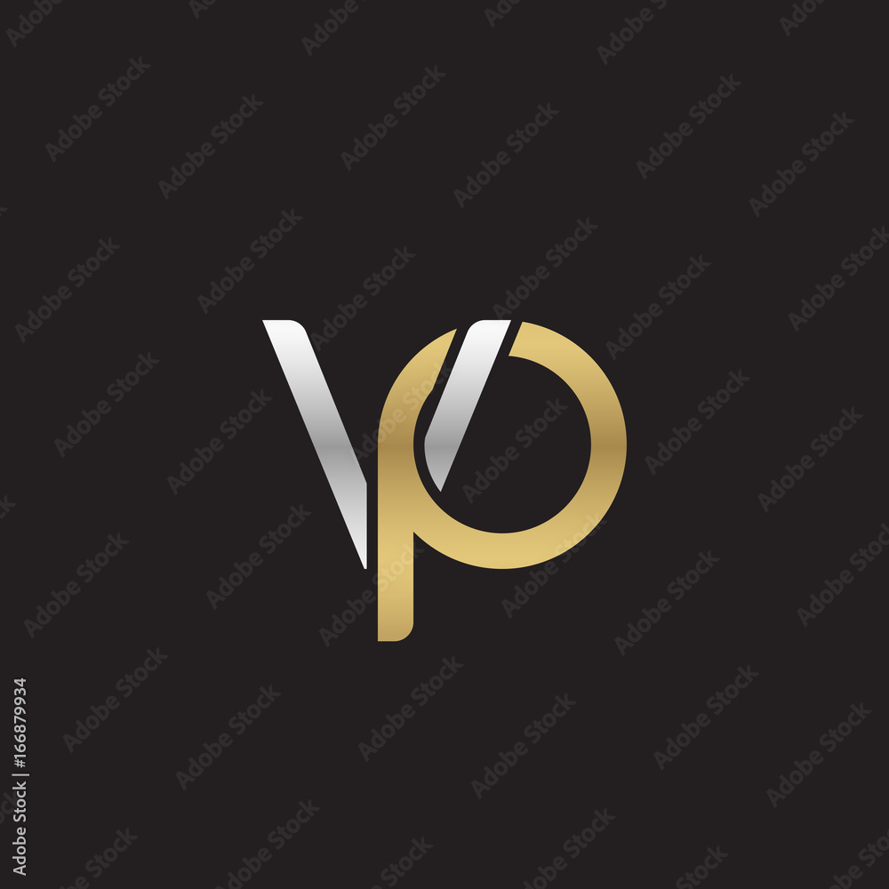 Initial lowercase letter vp, linked overlapping circle chain shape logo, silver gold colors on black background Initial lowercase letter vp, linked overlapping circle chain shape logo, silver gold colors on black background