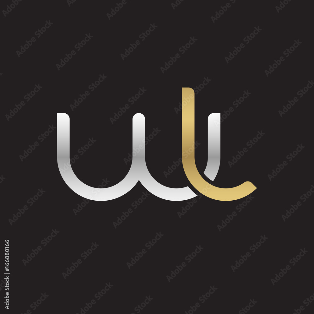 Initial lowercase letter wl, linked overlapping circle chain shape logo, silver gold colors on black background