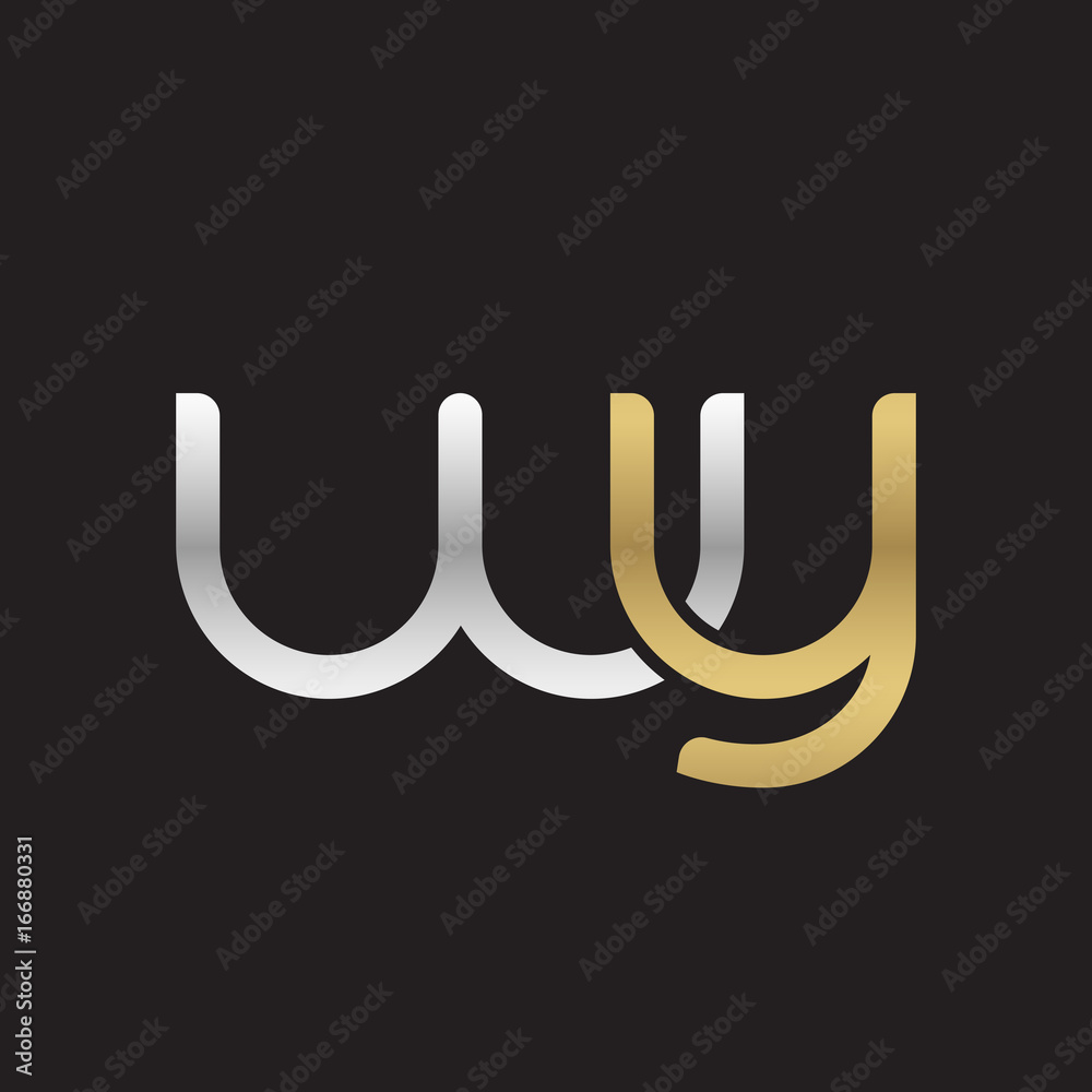 Initial lowercase letter wy, linked overlapping circle chain shape logo, silver gold colors on black background