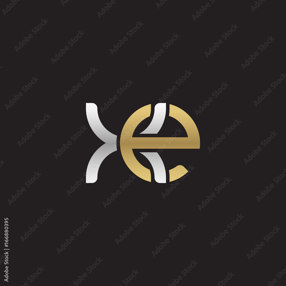 Initial lowercase letter xe, linked overlapping circle chain shape logo, silver gold colors on black background Initial lowercase letter xe, linked overlapping circle chain shape logo, silver gold colors on black background