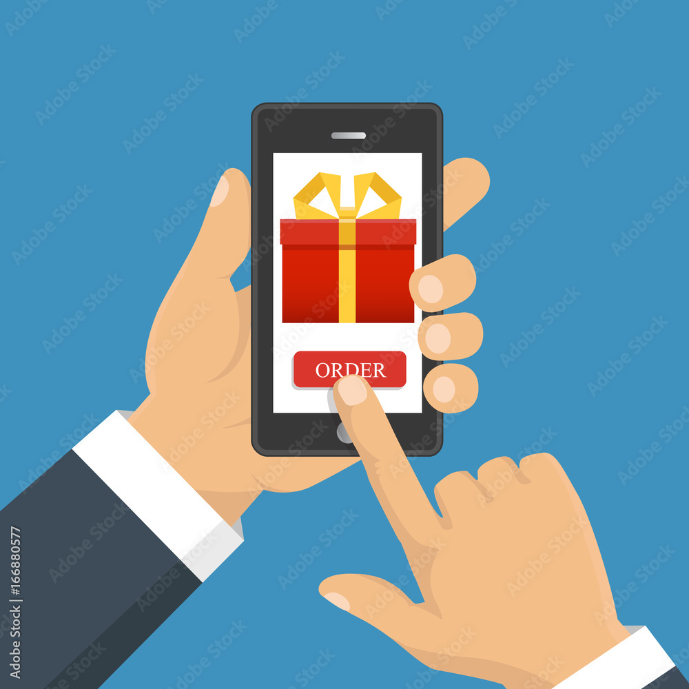 Gift app page on smartphone screen. Hand hold smartphone. Mobile concept for web banners, web sites, infographics. Vector illustration Gift app page on smartphone screen. Hand hold smartphone. Mobile concept for web banners, web sites, infographics. Vector illustration
