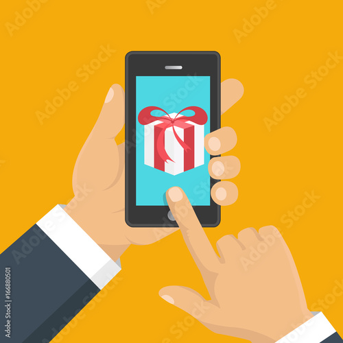Gift app page on smartphone screen. Hand hold smartphone. Mobile concept for web banners, web sites, infographics. Vector illustration